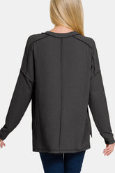Zenana Texture Exposed Seam V-Neck Long Sleeve T-Shirt OutfitFlow
